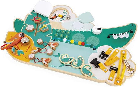 Janod Busy Board Crocodile Theme Jungle Animals - 14 Activities for Boys Girls - Develops Fine Motor Skills - FSCTM - Wooden Toy - from 18 Months - J08280