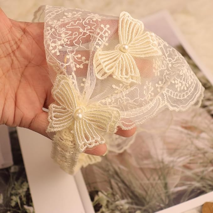 Baby Girls Headband Lacy Bow Pearl Wide Hair Band Turban for Infants Newborn Toddler Floral Ivory Elastic Head Wrap Breathable Sun Bonnet Hair Accessories (Ivory B)