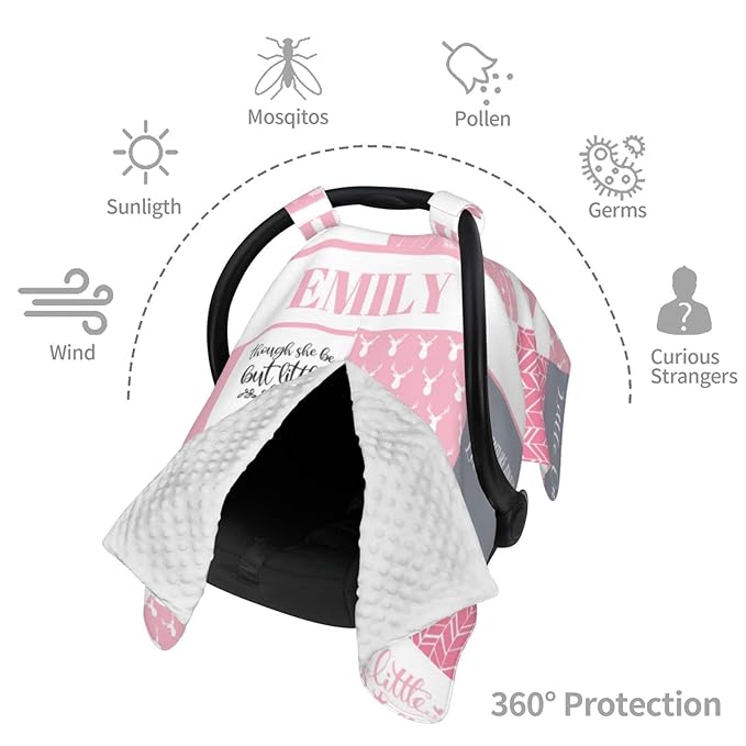 Personalized Baby Car Seat Canopy for Babies, Custom Name Car Seat Covers for Girls, Opening Minky Nursing Breastfeeding Cover for Infant, Carseat Canopies for Newborn (Woodland Deer Bear Pink)