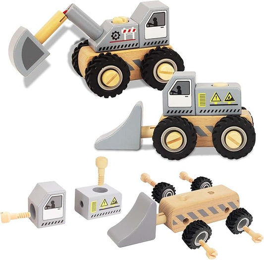 Construction Vehicles for Toddlers, 2 Pcs Wooden Detachable Assemble Bulldozer and Excavator, Kids Vehicle Toys Hand Push Car Toys for 3 Years Old Boys Girls