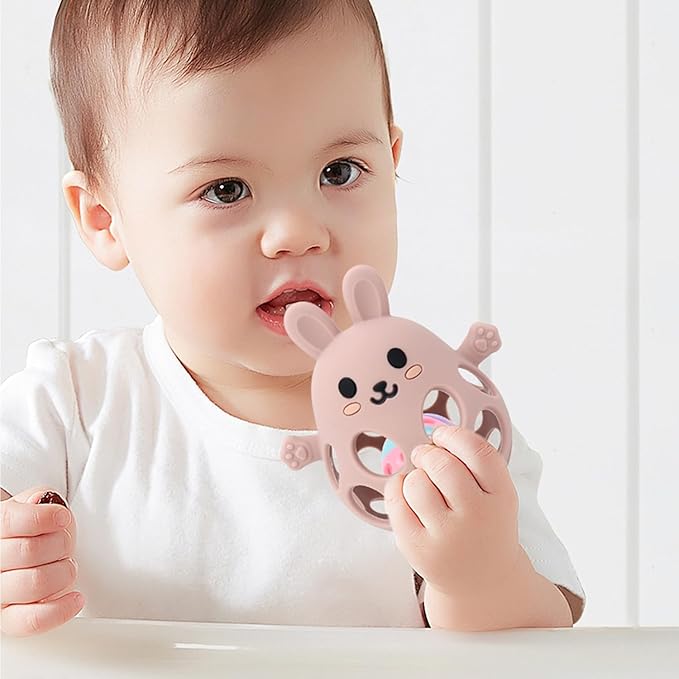 Teething Toys for Baby - New Infant Silicone Baby Teether Toy Sensory Toy from 0 Months Prevents Finger Sucking - Teethers for Babies - Baby Teething Rattle Toy -Gift for Boys & Girls (Pink)