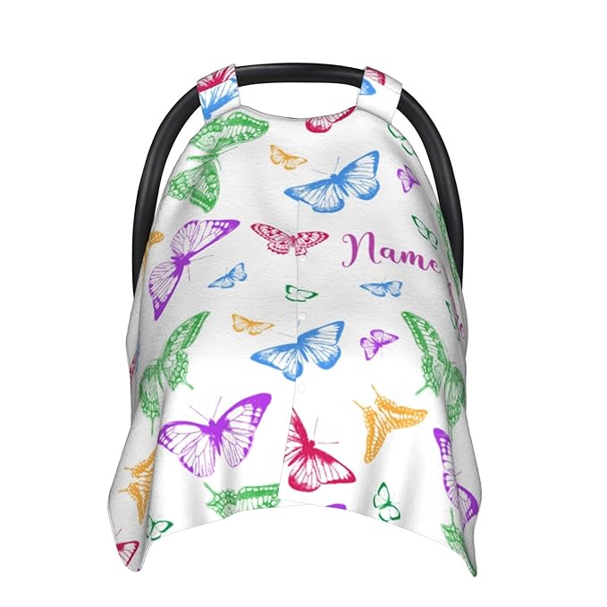 Personalized Colorful Butterfly Baby Car Seat Canopy for Babies with Name, Custom Car Seat Covers for Baby Girls, Peekaboo Opening Minky Nursing Cover Infant Car Seat Canopies for Newborn