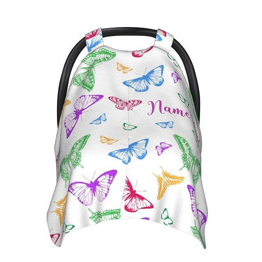 Personalized Colorful Butterfly Baby Car Seat Canopy for Babies with Name, Custom Car Seat Covers for Baby Girls, Peekaboo Opening Minky Nursing Cover Infant Car Seat Canopies for Newborn