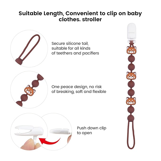 Cute Animal Baby Food Grade Silicone Teether Toy with One Piece Design Pacifier Clip Holder,Teething Pain Relief Toys Gift Set for 3 Months+ Boys and Girls,Freezer Safe,BPA Free (Red Panda)