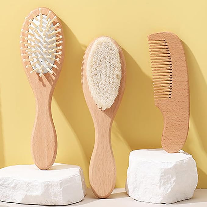 Personalized Baby Hair Brush and Comb Set for Newborn, Custom Wooden Toddler Hair Brush Set with Soft Goat Bristle,Includes Baby Comb, Air Cushion Brush, and Soft Bristle Brush, Birthday Flowers