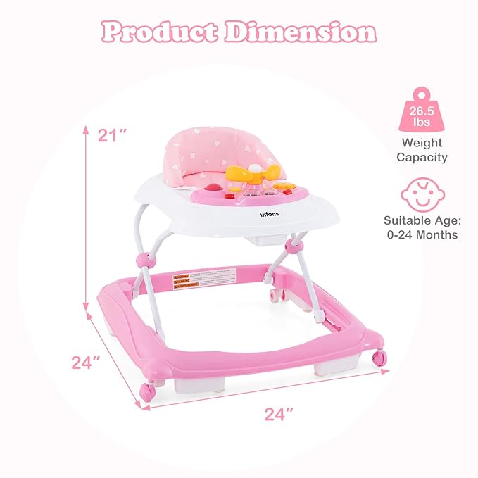 INFANS Foldable Baby Walker, 3 in 1 Toddler Walker Leaning-Seated Walk-Behind with Removable Music Tray, Adjustable Height, Washable Seat Cushion for Boys and Girls (Heart)