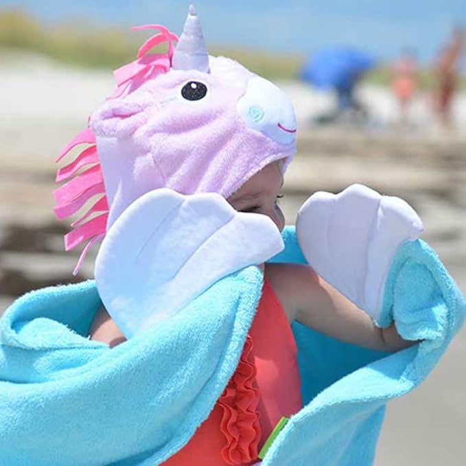 ZOOCCHINI Hooded Bath Towel for Kids 100% Cotton Terry, Plush & Absorbent for Bathtime or Pool, 50" x 22" 2-6 Years, Allie the Alicorn