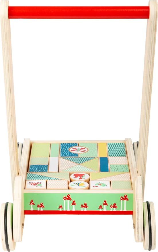 Small Foot 11435 11435Building Walker Move it, Made of Wood, with 27 Building Blocks with Prints, for Baby's First Steps Toys, Multicolored