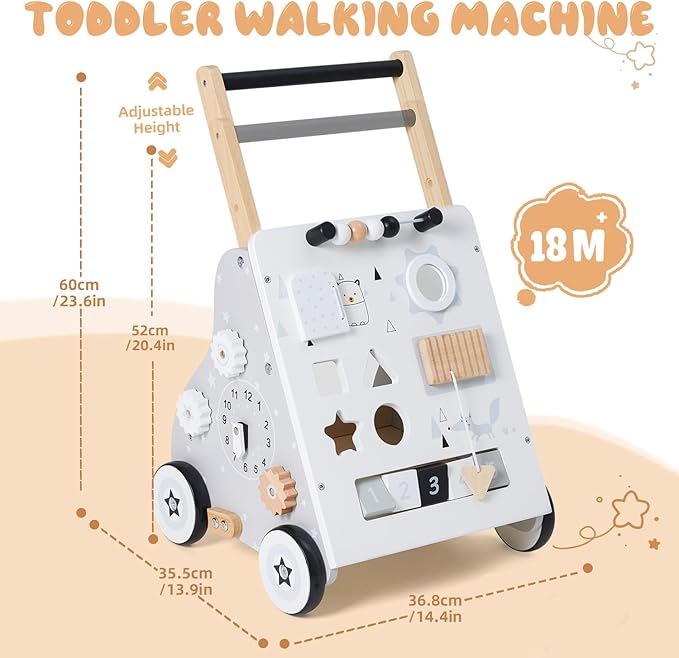 Wooden Baby Walker, Baby Push Walker with Wheel, Push and Pull Toys Learning to Walk, Montessori Walker Toy for Kids Development, Adjustable Speed and Height