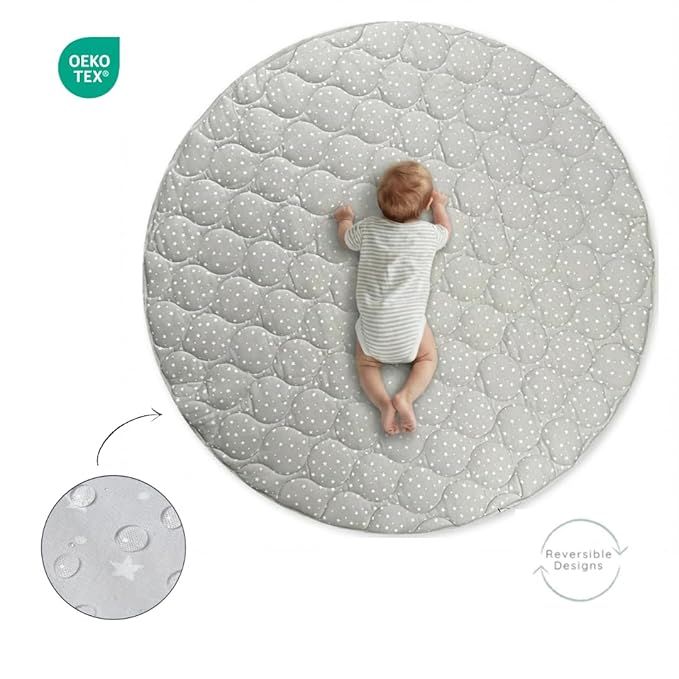 Byrd & Blume Round Baby Play Mat, Reversible Quilted Organic Cotton, Soft Circle Nursery Rug, Non Toxic, Foldable Portable, 40 Inch, Gray Stars/Solid Gray