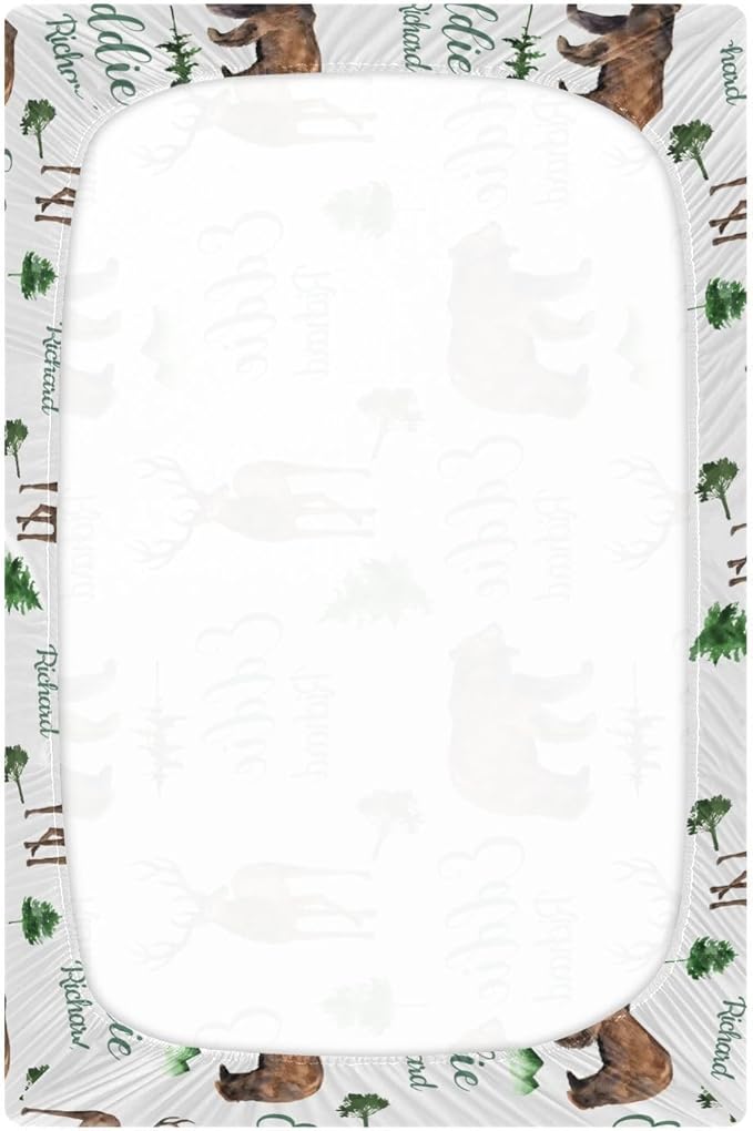 Personalized Pack and Play Sheets with Name, Custom Woodland Deer Bear Baby Mini Crib Sheets for Baby Boys Girls, Name Pack n Play, Fitted Sheet with Name, Soft and Breathable Material