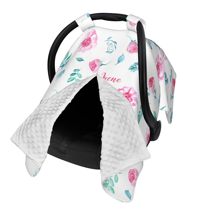 Personalized Pink Flower Baby Infant Car Seats Canopy for Babies with Name, Custom Green Leaves Lightweight Covers for Baby Boys Girls, Minky Nursing Breastfeeding Stroller Cover for Newborn