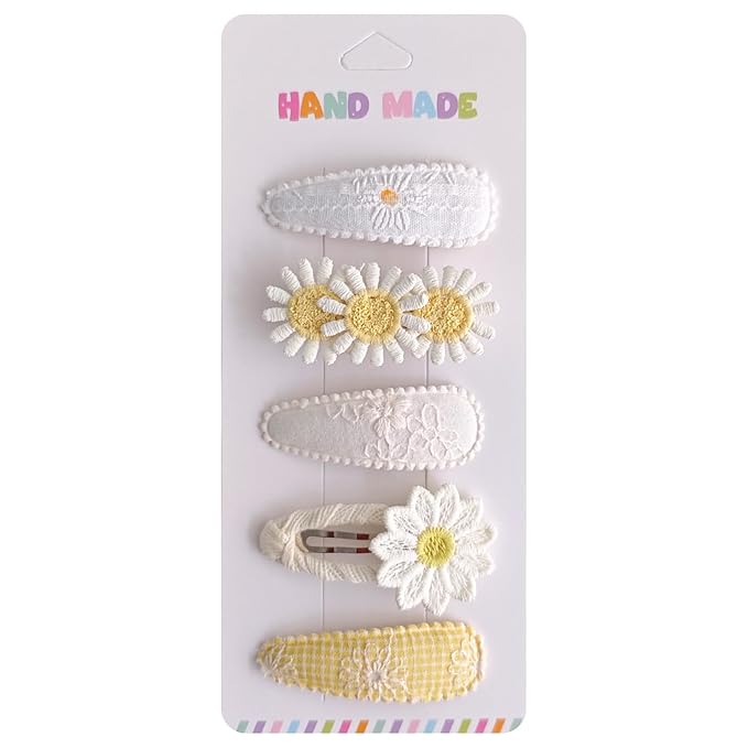 5 Pcs Baby Hair Clips Set, Cream White & Yellow Daisy Toddler Hair Barrettes, Soft Fabric Wrapped Snap Clips for Baby Girls, Cute Handmade Hair Accessories for Infants