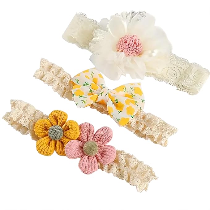 KEAINVRN 3Pcs Baby Girl Headbands Flower Bow Headband for Baby Girls Soft Hairbands Hair Accessories for Newborn Infant Toddler Kids (Multicolor, average size)