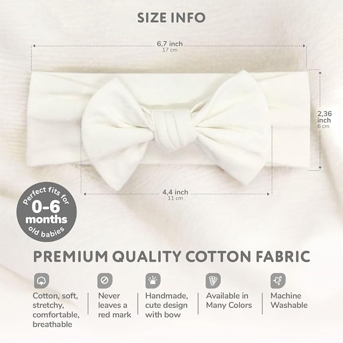 Baby Girl Headbands 0–6 Months – Newborn Infant Soft Cotton Handmade Bow Headband, Stretchy No Mark Baby Hair Accessoriess (Light Beige, 0-6 Month)