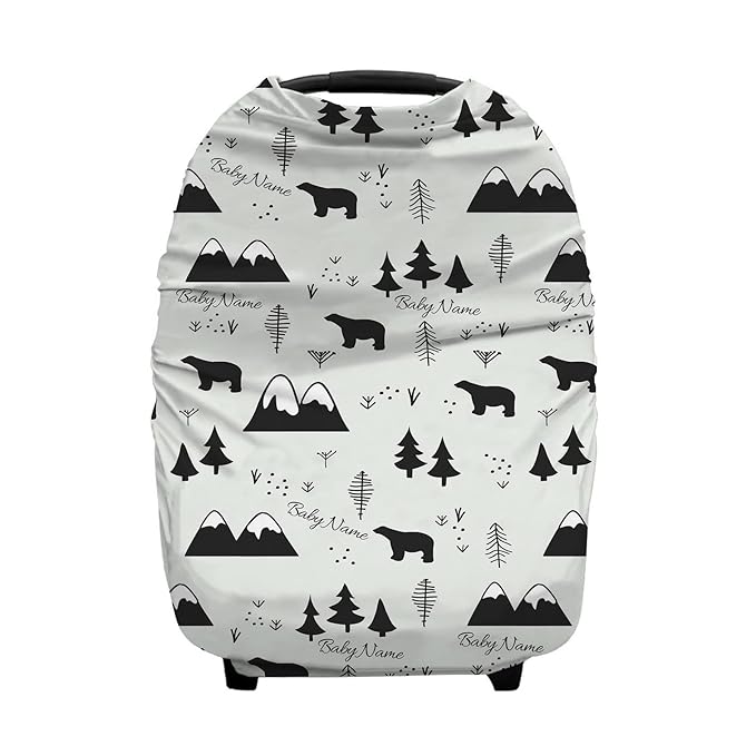 Personalized Black Bears Baby Car Seat Covers with Name, Custom Nursing Cover Breastfeeding for Babies, Carseat Canopy for Boys, Infant Stroller Cover, Breathable Carseats Cover