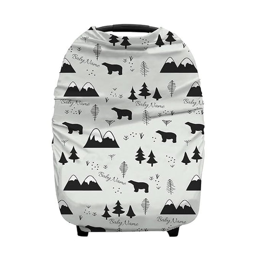 Personalized Black Bears Baby Car Seat Covers with Name, Custom Nursing Cover Breastfeeding for Babies, Carseat Canopy for Boys, Infant Stroller Cover, Breathable Carseats Cover