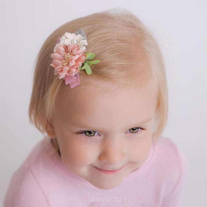 3pcs Girls Flower Hair Clips, Floral Hair Barrettes w/Boutique Fully Lined Alligator, Hair Bows for Baby Newborn Toddler