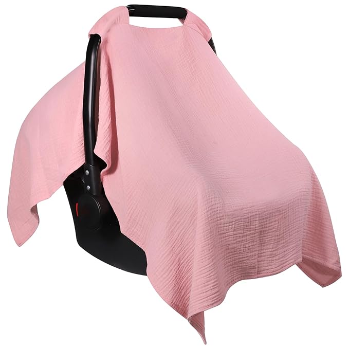 Carseat Covers Baby Girl, Soft Muslin Cotton Baby Car Seat Cover, Lightweight Breathable Infant Carseat Cover for Sunshade & Privacy, Car Seat Covers for Babies (Blush Pink)