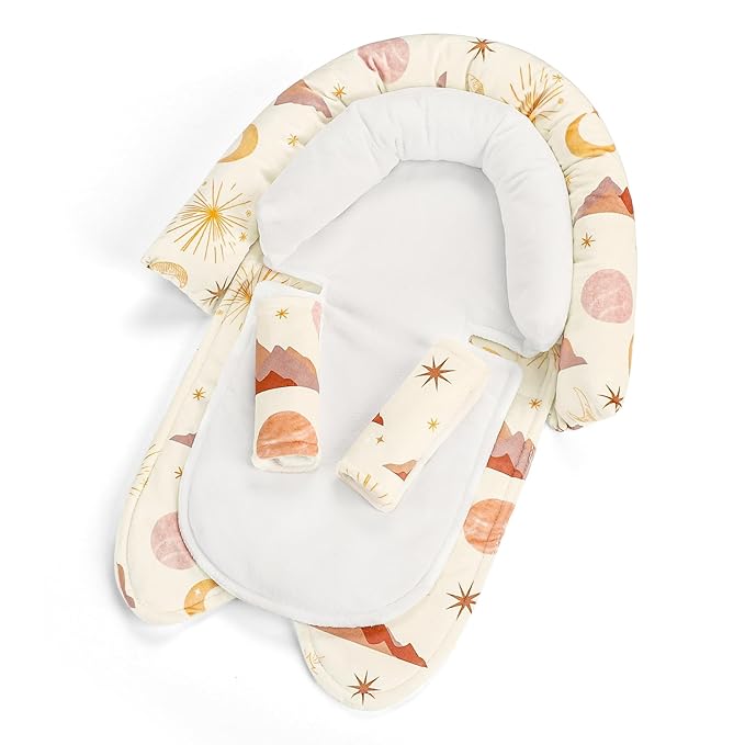 Infant Car Seat Insert for Newborn Girls Boys, Upgraded 2-in-1 Baby Carseat Head Support, Soft Reversible Baby Car Seat Insert Cushion Pad for Car Seat, Stroller, Bouncer, Swing, Moon