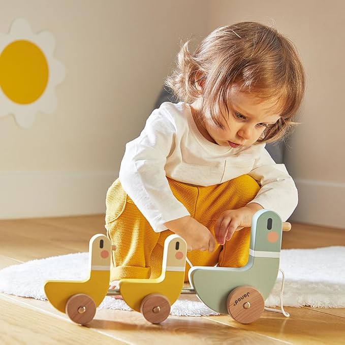 Janod - J04051 - 3 Sweet Cocoon Pulling Ducks - Develops Motor Skills - FSC Wood Toy and Water Paint - From 12 Months, Green/Yellow