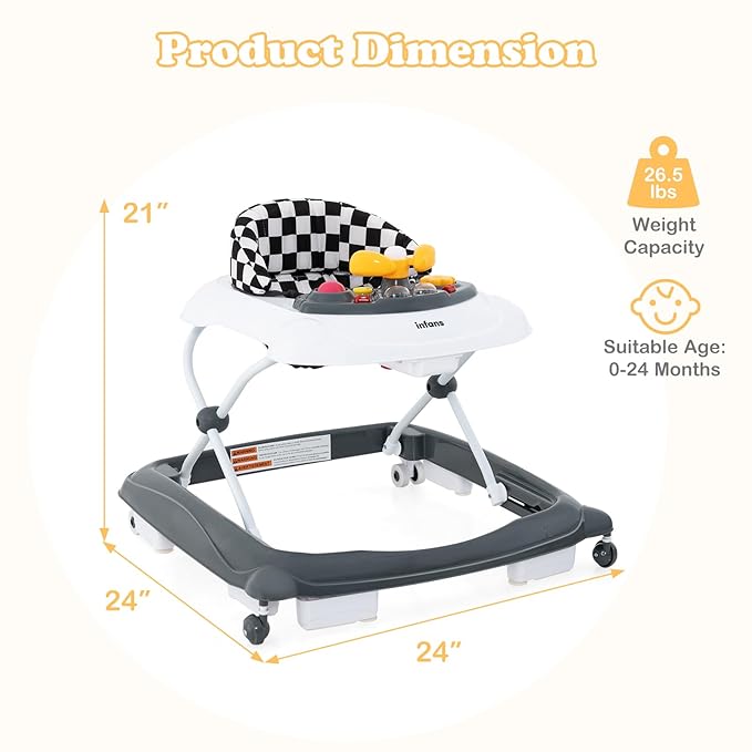 INFANS Foldable Baby Walker, 3 in 1 Toddler Walker Leaning-Seated Walk-Behind with Removable Music Tray, Adjustable Height, Washable Seat Cushion for Boys and Girls (Checkerboard)
