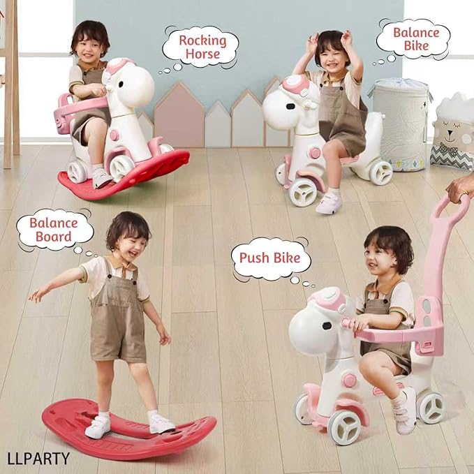 4 in 1 Rocking Horse for Toddlers 1-3 Years Old, Baby Rocking Toy Fun Birthday Gift for 1+ Kids, Ride on Toy with Guard Rails, Detachable Balance Board and Footrest with Push Handle (Pink)