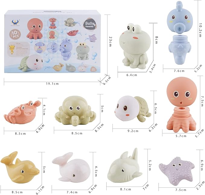 AMCHSURI Mold-Free Ocean Animal Bath Toys 10 Pack | Sensory Water Play Toys for Babies 6-18M & Toddlers 1-3Y | Safe Bathtub Pool Float Toys | Baby Shower, Birthday