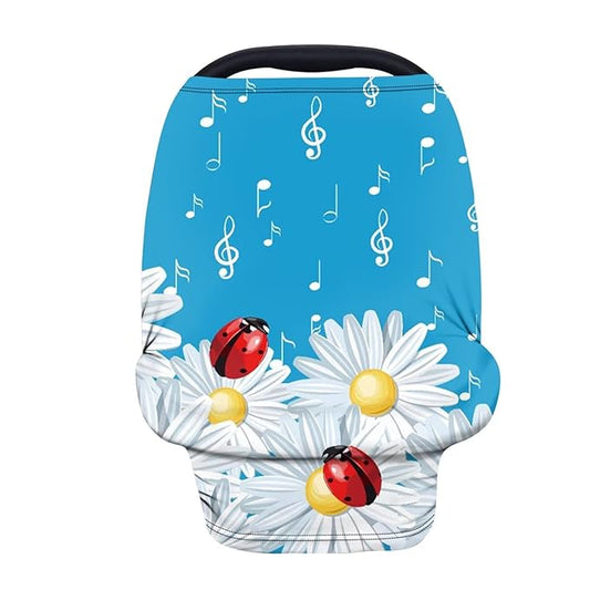 Forchrinse Red Ladybug Daisy Music Note Car Seat Cover Nursing Cover for Baby Adjustable Peeping Window Carseat Canopy Breastfeeding Scarf Lightweight