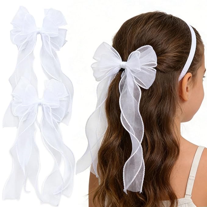 2Pcs White Ribbon Bow Hair Clips Flower Girl Long Layer Bow Barrette Alligator Clip Bridal Birthday First Communion Headwear Accessories for Baby Girls