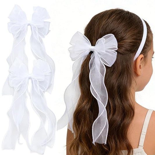 2Pcs White Ribbon Bow Hair Clips Flower Girl Long Layer Bow Barrette Alligator Clip Bridal Birthday First Communion Headwear Accessories for Baby Girls