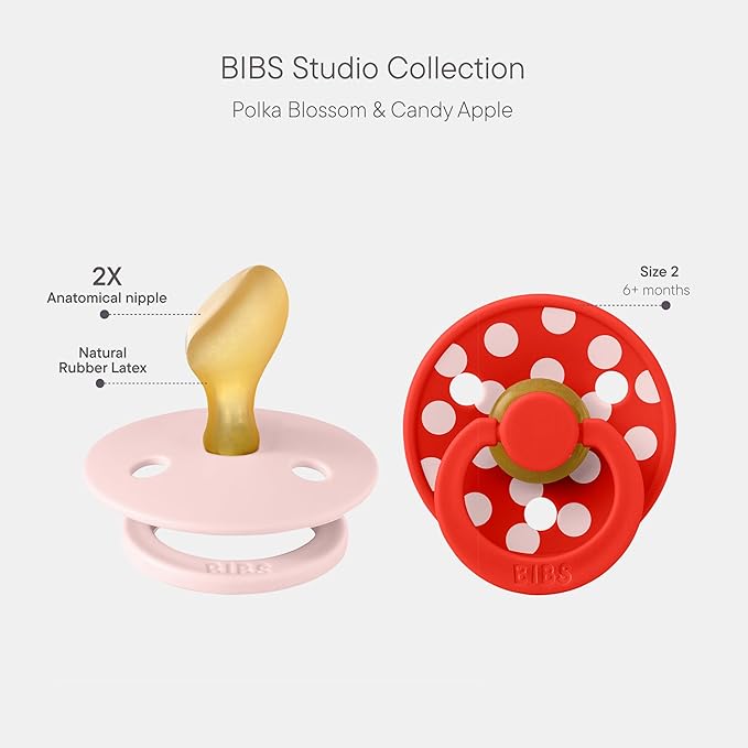 BIBS Polka Dots Pacifier 2-Pack, BPA Free Pacifiers with a Anatomical Latex Nipple, Made in Scandinavia, Size 2 (6-18 Months), Blossom/Candy Apple