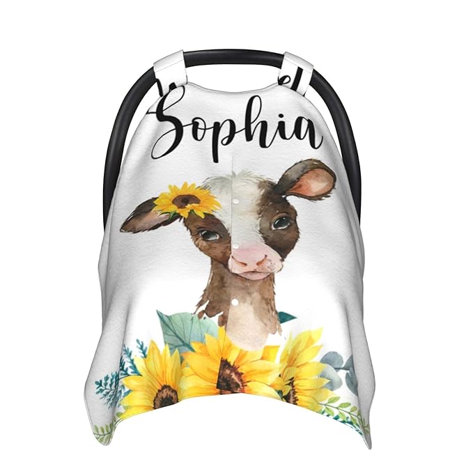 Personalized Baby Car Seat Canopy for Babies with Name, Custom Sunflower Cow Stroller Car Seat Covers for Girls, Minky Nursing Carseat Cover for Breastfeeding, Car Seat Canopies for Newborn