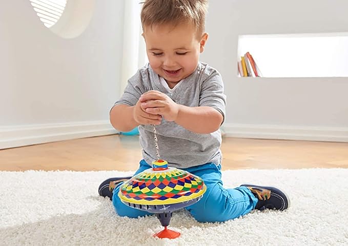 Lena 52225 Bolz Humming Multicoloured 19 cm, Sheet Metal Swing, Classic Pump Spinner, tin Colourful Motif, Stand, Toy Spinning top for Children from 18 m, L/B/H: 19 x 19 x 21 cm