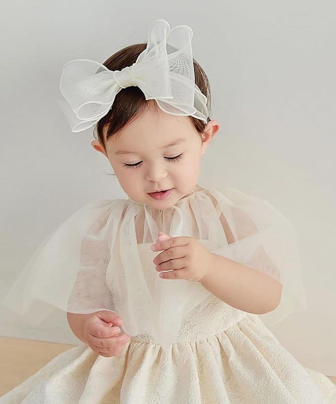 Baby Girls Lace Bow Headband Cute Chiffon Bow-Knot Toddler Hairband Elastic Soft Lace Infants Birthday Party Hair Accessories (White-1, One size)
