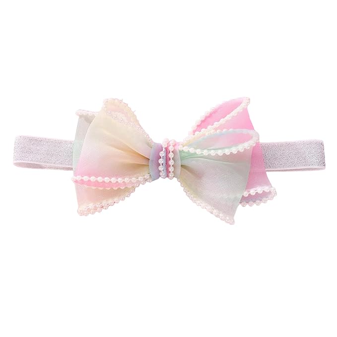 Bow Lace Headband for Baby Girls, Cute Bow Knot Hairband Pearl Elastic Headwrap for Newborn Infant Toddlers (Rainbow)