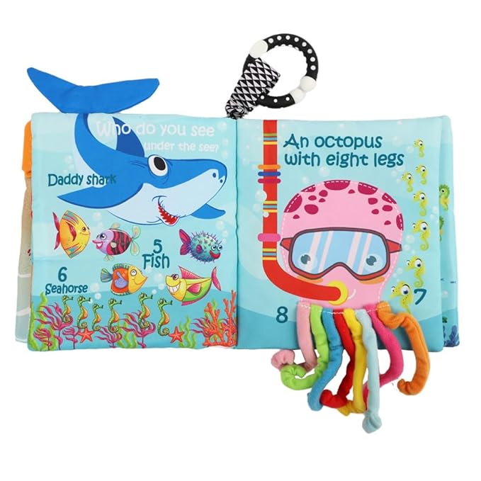 Fish Baby Books Toys, Touch Feel Cloth Crinkle Books for Babies, Infant Toys 0-6, 6-12, 12-18 Months,Early Learning Education Toys,Shower Baby Easter Gifts for Boys Girls,Teething,Mirror,Shark