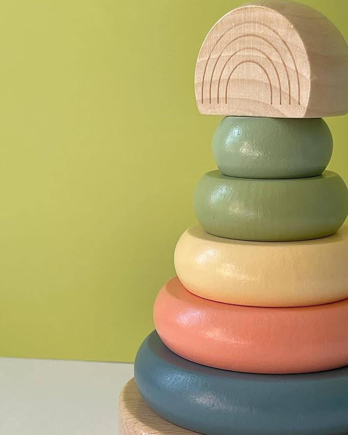 Pearhead Wooden Stacking Rainbow Toy, Montessori Color Sorting Rings for Babies and Toddlers 12+ Months, Nursery Decor