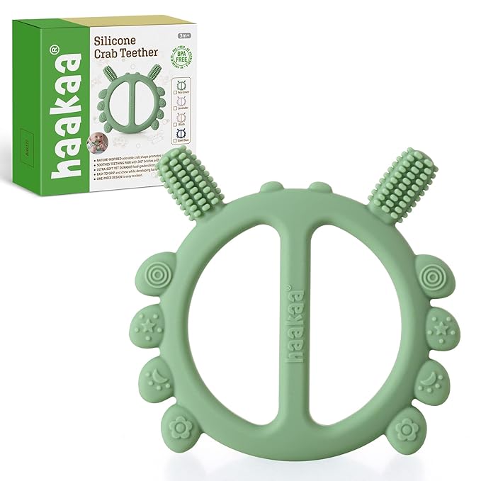 Haakaa Silicone Crab Baby Teether,Teething Toys,360° Baby Toothbrush Head for Infant Self-Brushing Training,Food-Grade Silicone,First Easter Gift,Pea Green