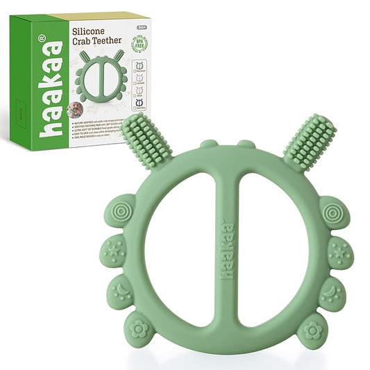 Haakaa Silicone Crab Baby Teether,Teething Toys,360° Baby Toothbrush Head for Infant Self-Brushing Training,Food-Grade Silicone,First Easter Gift,Pea Green