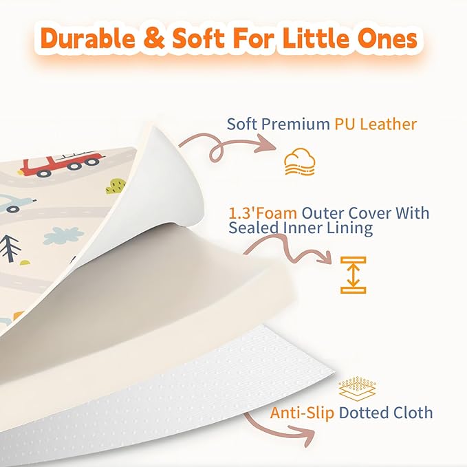 1.3" Thick Baby Play Mat for Floor，50x50 PU Leather Playpen Mat for Toddlers Infant Kids,Ultra Soft Support Cushioned & Waterproof Playmat for Baby,Non-Slip Backing Safe for Crawling/Car Pattern
