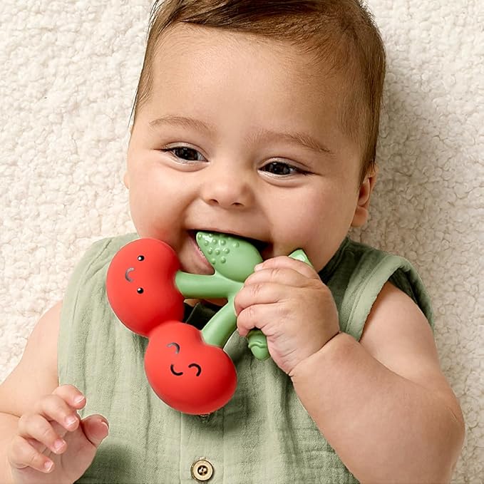 Itzy Ritzy Natural Rubber Teether – BPA-Free Soft & Durable Infant Teething Toy, Easy for Little Hands to Grab & Squeeze, Designed for Babies & Toddlers (Cherry)