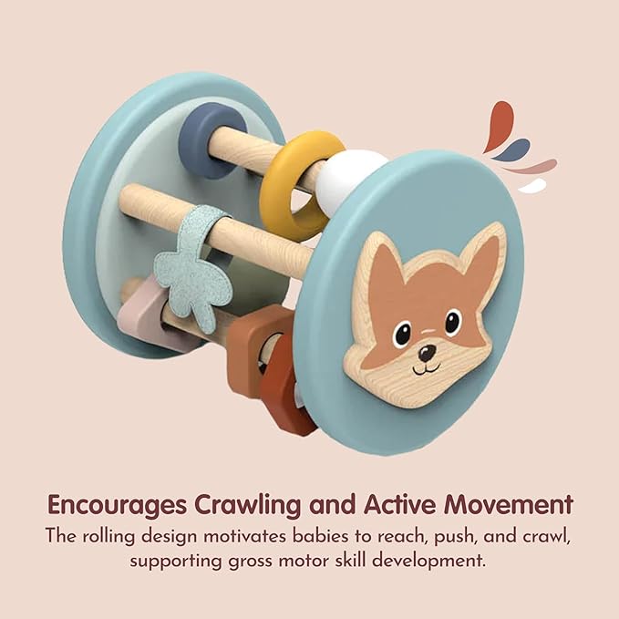 SPEEDY MONKEY Fox Roller Rattle Baby Toy | Wooden Animal Sensory Rolling Toy for Infants | Developmental Rattle for Crawling & Motor Skills | Early Learning Play for Babies & Newborns 6M+