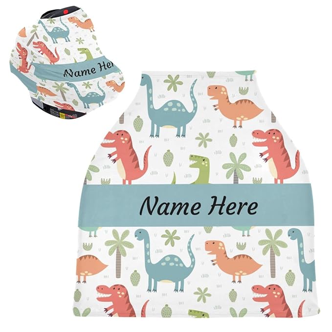 Customized Cartoon Dinosaur Baby Car Seat Covers for Boys, Personalized Carseat Canopy with Name, Nursing Breastfeeding Scarf for Babies, Gift for Infant Newborn, Multiuse Stroller Cover