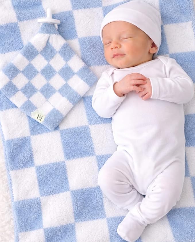L+L USA Checkered Baby Lovey Pacifier/Teether Holder 10"x10" - DreamSoft Plush Fluffy Cuddly Soothie Reversible Mini Comfort Blanket - Cute Newborn Gift Essential Babies Boys Girls (Steel Blue/White)