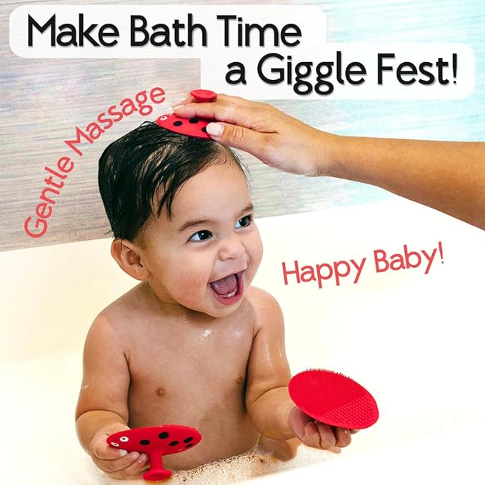 SplashEZ Cradle Cap Brush for Babies | Soothing Newborn Head Massager | Food-Grade Soft Silicone Baby Bath Brush & Scalp Scrubber | Infant Cradle Cap Comb - Organic Shape & Ladybug Design, 2-Pack