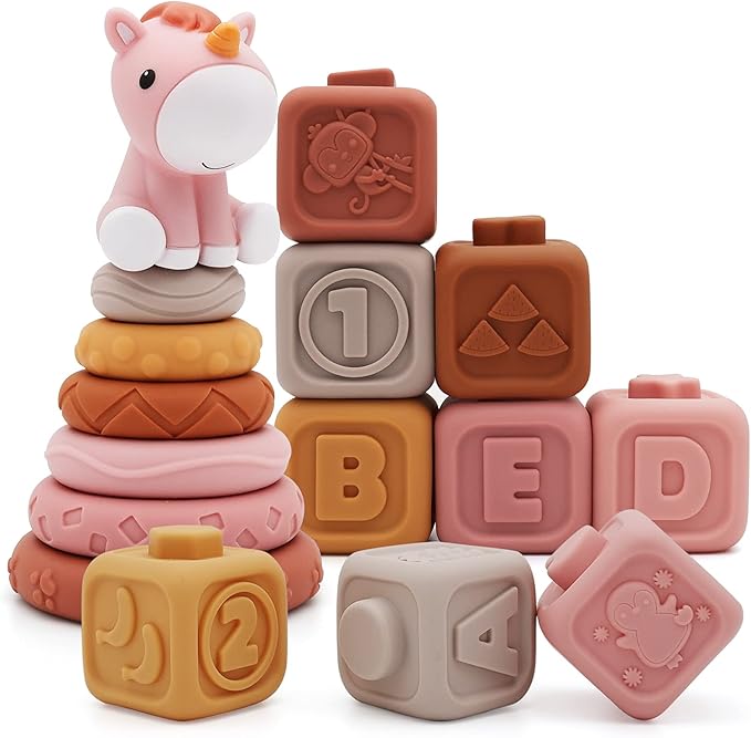 Nueplay Soft Stacking Toys & Jigsaw Puzzles for Baby Girls — 12PCS Cube-Type Puzzles, Sensory Rings & Shape Blocks Set with Unicorn Topper, Montessori Learning Playset for 1 Year Old