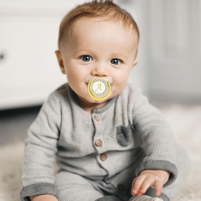 Bling Personalized Baby Pacifier with Pacifier Clips and Anti-dust Cover A-Z 26 Letters(Gold Transparent,A)