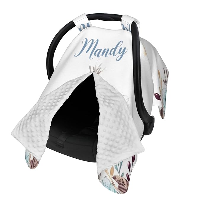 Personalized Baby Car Seat Canopy for Babies, Custom Name Car Seat Covers for Baby Girls, Floral Tent Opening Minky Nursing Breastfeeding Cover for Infant, Carseat Canopies for Newborn