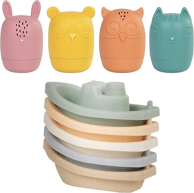 Baby Bath Toys Stackable Boats with Soft Silicone Squirt Water Animal Toys, 9 Pcs Floating Stacking Boat Bathtub Shower Pool Beach Toys for Toddler Kids 1-3